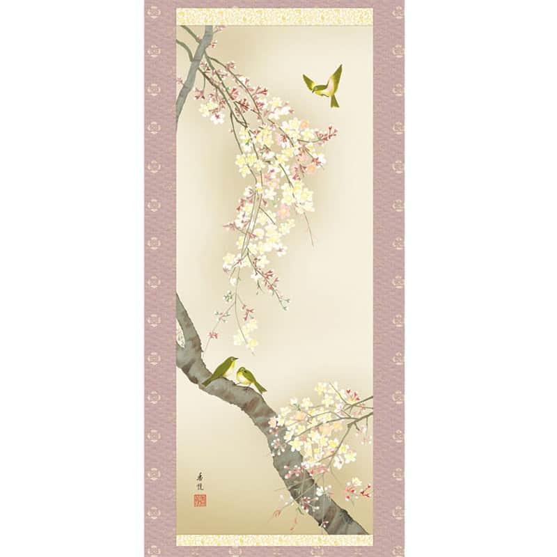 掛軸 掛け軸 花鳥画 春飾り 桜花 桜花に小鳥 洛彩緞子本表装 尺