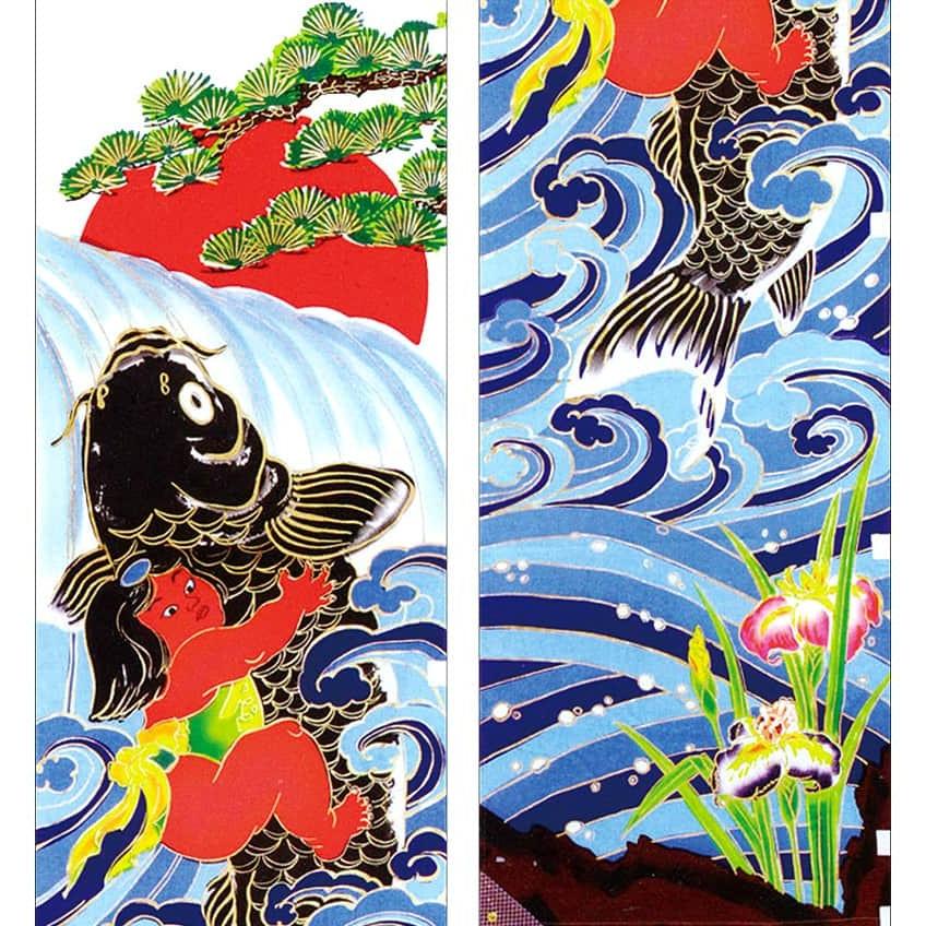 東旭 武者絵のぼり 武者幟 庭園用 6m 手描黄金絵幟 金太郎鯉の滝昇り