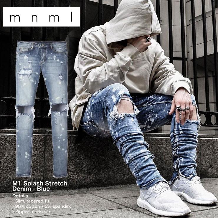 mnml ミニマル デニム ジーンズ スリムフィット スキニー ストレッチ ダメージ加工 メンズ ブランド 大きいサイズ M1 SPLASH  STRETCH DENIM BLUE : mnml17sp014 : ASYLUM - 通販 - Yahoo!ショッピング