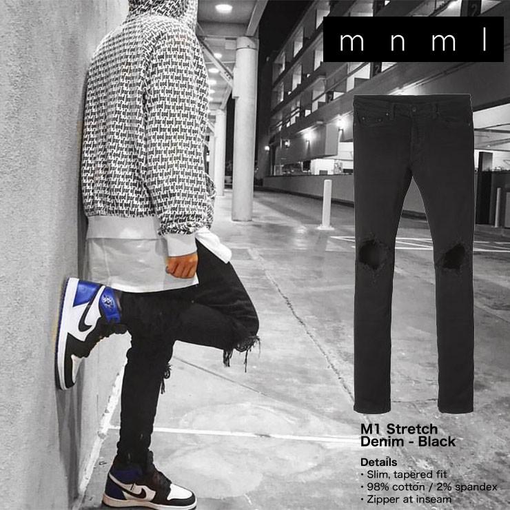mnml（ミニマル） ストレッチ 裾ZIPジップ ダメージクラッシュジーンズ