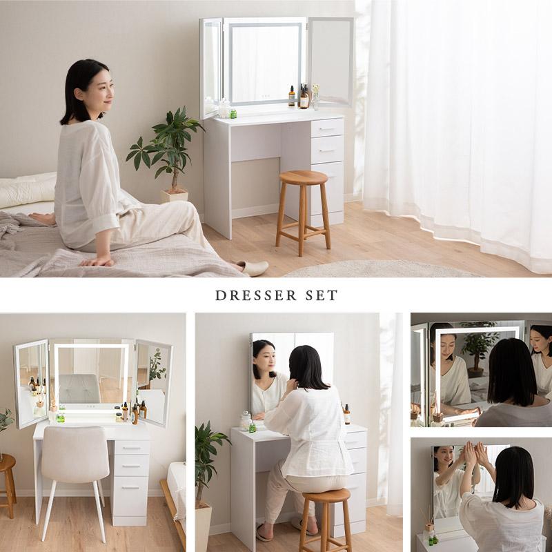 EMOOR LEDライト付き 三面鏡 ドレッサー セット 幅80 木製 EMOOR LEDライト付き 三面鏡 ドレッサー セット 幅80 木製