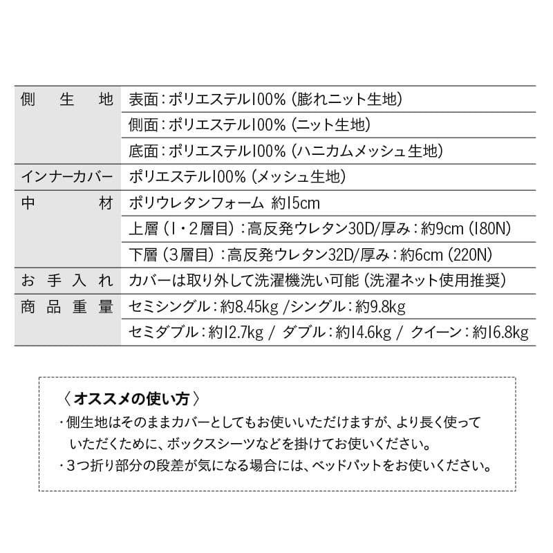 三つ折り 折りたたみ マットレス セミシングル シングル セミダブル ダブル クイーン 極厚 15cm プレミアム 3層 高反発 3つ折り 収納 ベッド 送料無料 エムール | EMOOR | 25