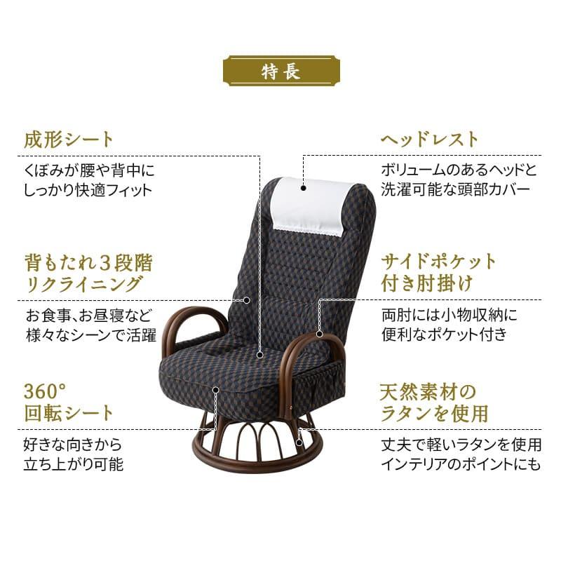 高座椅子 ラタン 肘掛け付き ロータイプ ハイタイプ 回転式 リクライニング チェア 立ち上がり ゆるり プレゼント 敬老の日 父の日 母の日 送料無料 エムール_4