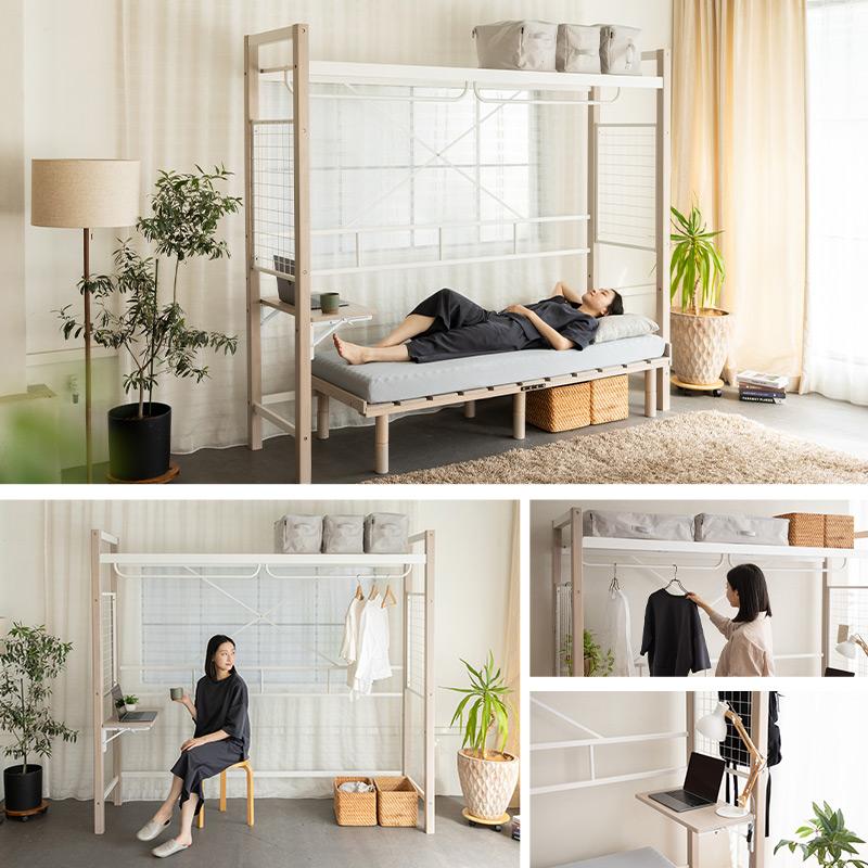 ハンガーシェルフ 幅220cm デスク付き 棚付き ベッド上収納 収納ラック