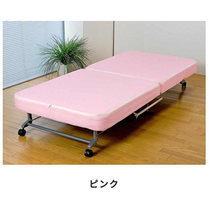【折りたたみベッド】シングル キャスター付き ピンクチェック柄　1031-2 折りたたみベッド シングル キャスター付き マットレス付き 14段階