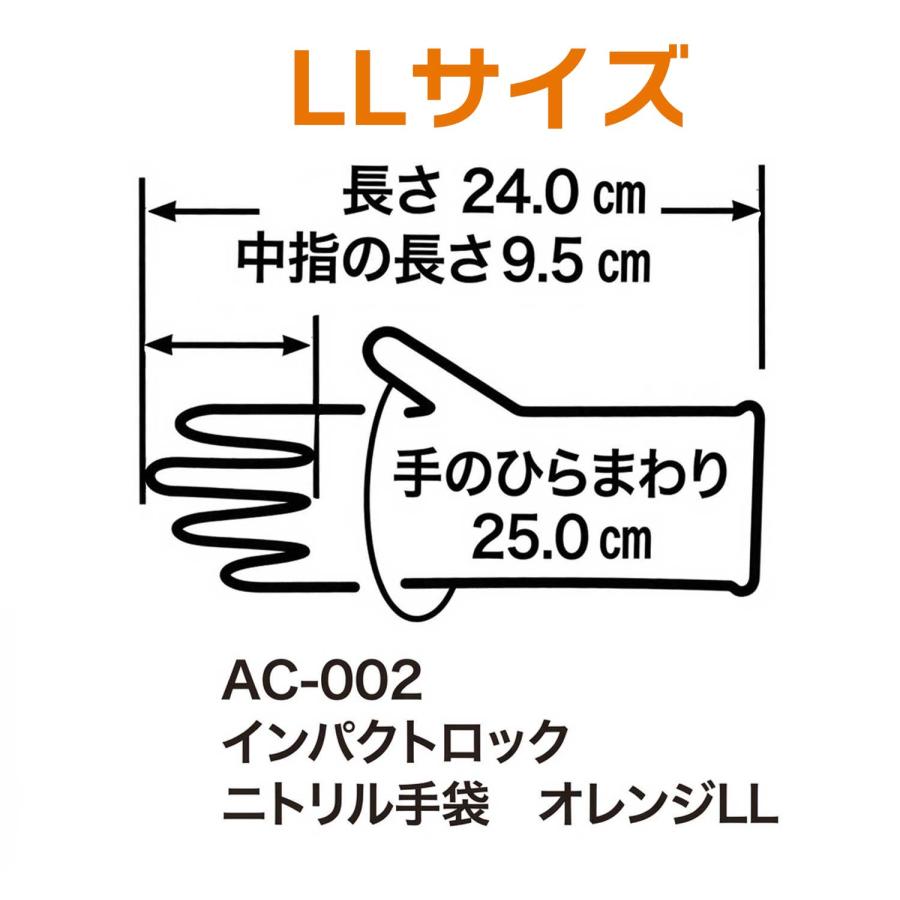 ニトリル手袋 厚手 使い捨て 30枚 S LL オレンジ AC-002 インパクトロック エンボス加工 極厚 耐油性 耐薬品性 左右兼用 ゴム手袋 作業用 ディック |  | 05