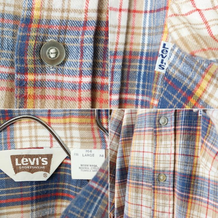 70s USA製 Levis リーバイス フランネル チェック シャツ ブルー メンズL 長袖 アメリカ古着｜ataco-garage｜02