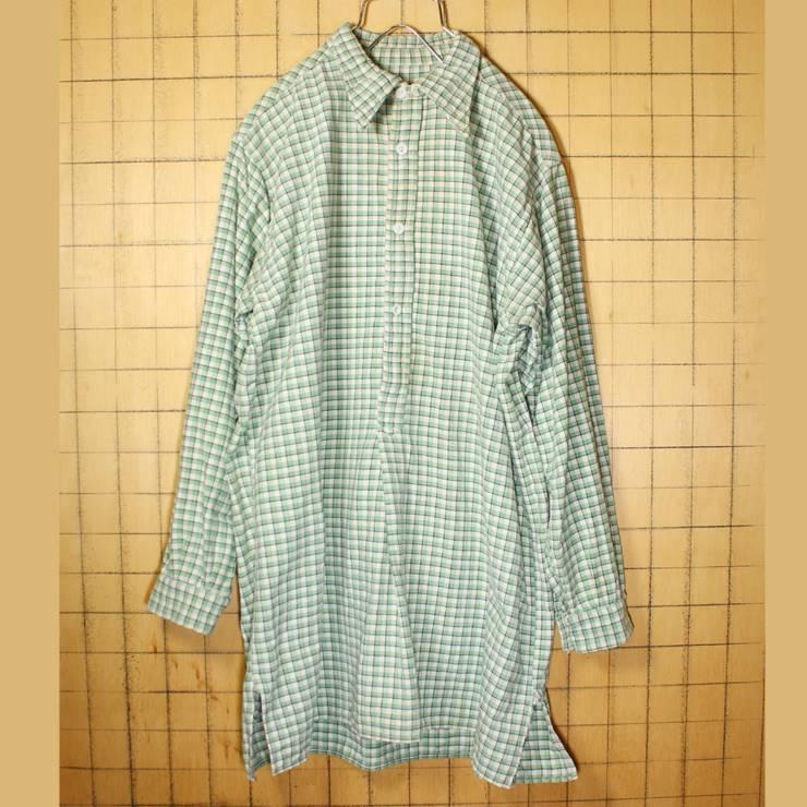 60s 70s EURO グランパ チェック シャツ プルオーバー 長袖 グリーン 