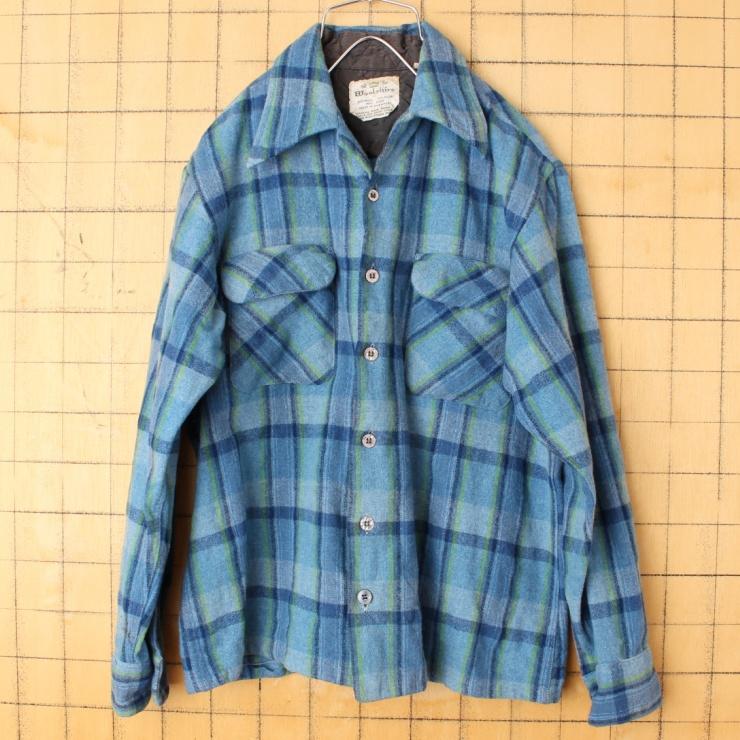 60s 70s USA Woolshire ウール チェック オープンカラー シャツ 長袖 