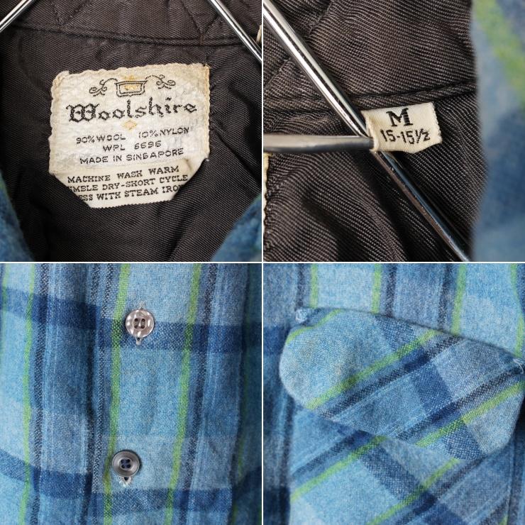 60s 70s USA Woolshire ウール チェック オープンカラー シャツ 長袖 