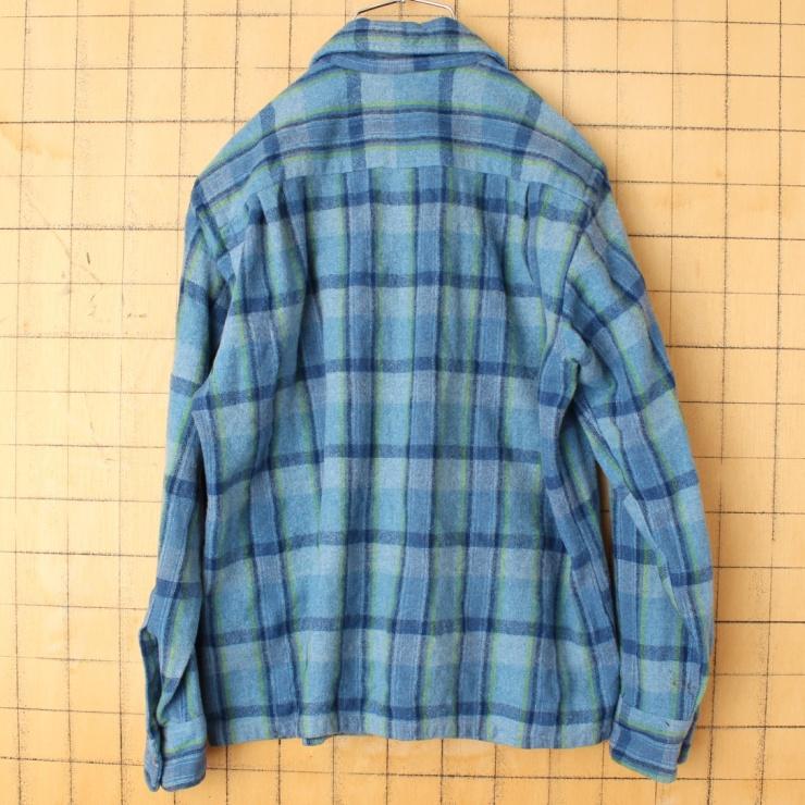 60s 70s USA Woolshire ウール チェック オープンカラー シャツ 長袖 
