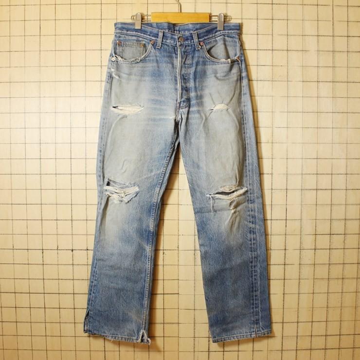 Levis リーバイス 501xx ダメージ 穴あき ジーンズ デニム パンツ USA製 古着 ブルー W34｜ataco-garage