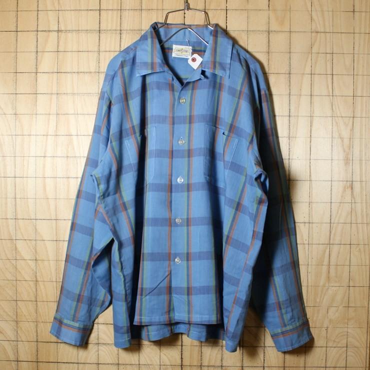 JAPAN製 60s ビンテージ古着 オープンカラー ボックスチェックシャツ ブルー ライトフランネル メンズL｜ataco-garage