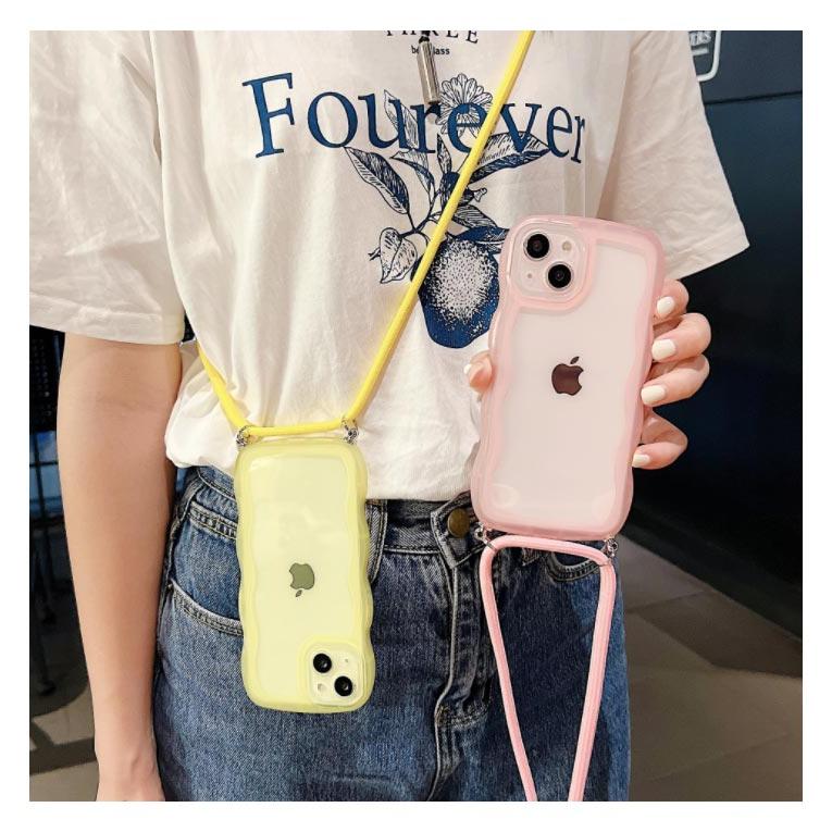 iPhoneケース 15 クリア ウェーブ スマホケース ショルダー 肩掛け iPhoneケース 2個セット iPhone15ケース スマホショルダー ストラップ