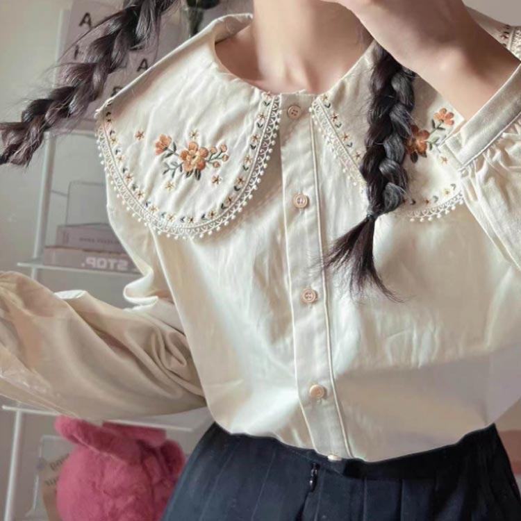 シャツ レディース 長袖 トップス 春秋 ブラウス 長袖シャツ 刺繍