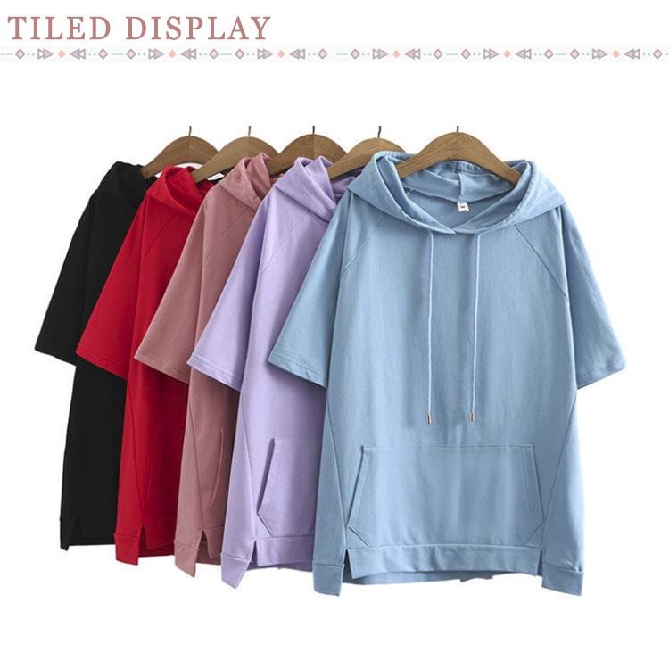 ポッケト カットソー パーカー 半袖 フード付き Tシャツ スリット