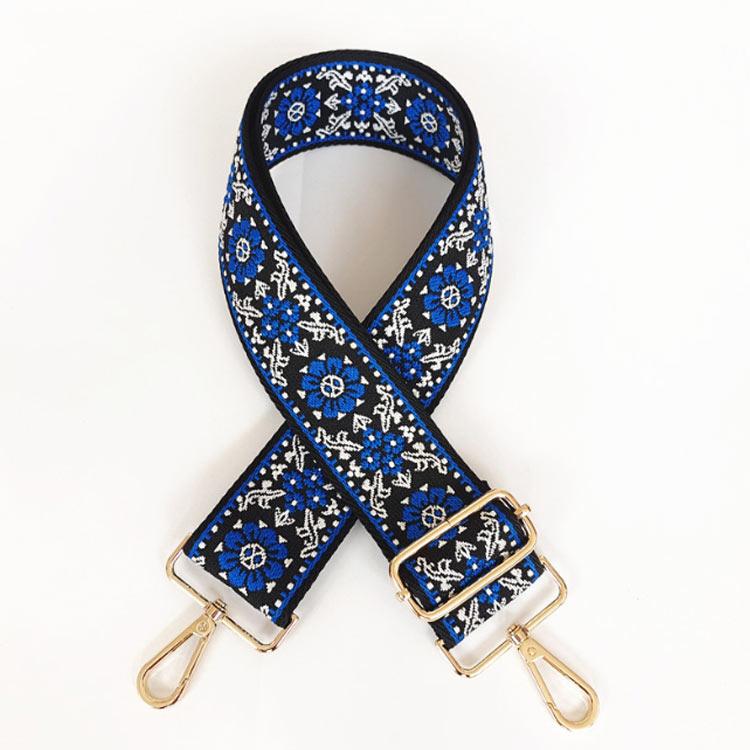 こん　手刺繍　ショルダーバッグ　通しマチ　濃紺　調整ベルト付き　【2/2】 5センチ ベルト 太め 幅広 刺繍 交換用 エスニック バッグストラップ