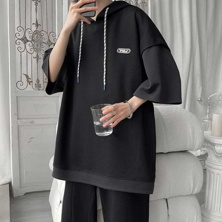 フード付きtシャツ パーカー メンズ 薄手 夏 半袖パーカー ワッフル