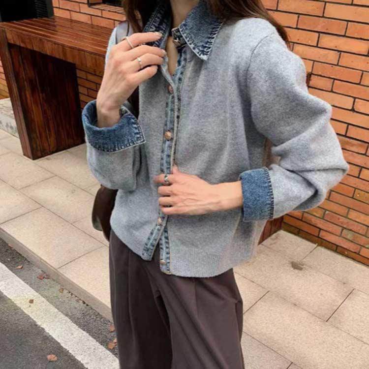 ジャケット ニット フェイクレイヤード ニットカーディガン デニム切替