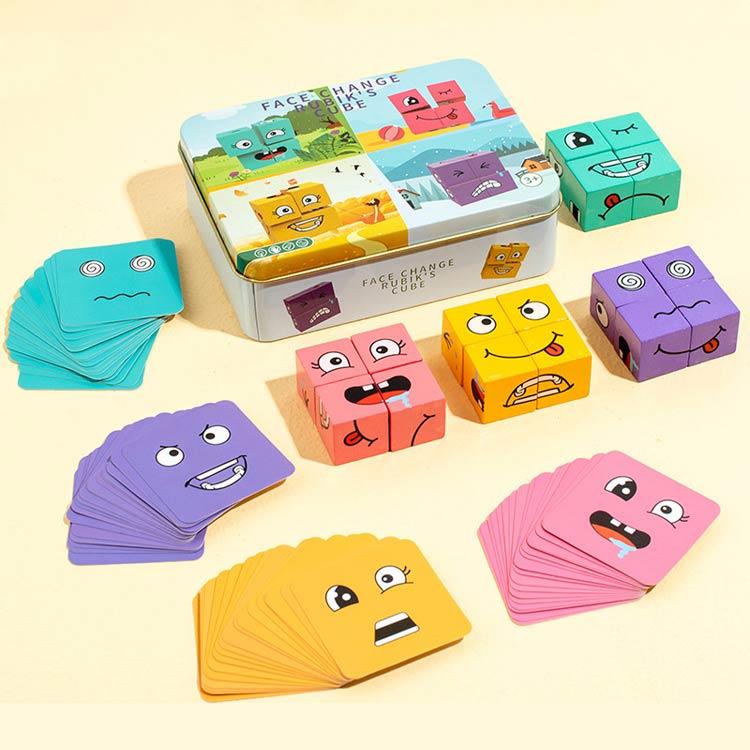 教育パズル 木製ブロックゲーム マジックキューブ 知育おもちゃ 顔変化