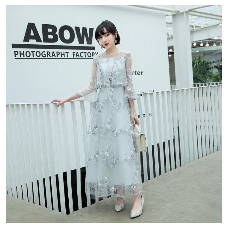 ロングワンピース 花柄 刺〓 紺 成人式 体型カバー 同窓会 パーティー