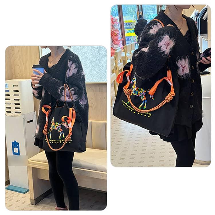 マチ広 A4 トートバッグ ポケット付き 馬柄 刺繍 ナイロン 鞄