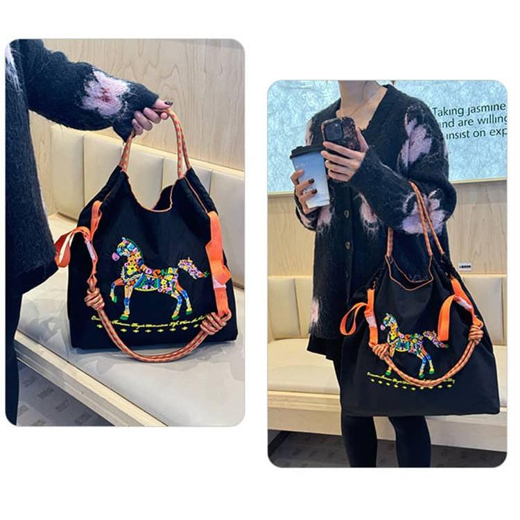 マチ広 A4 トートバッグ ポケット付き 馬柄 刺繍 ナイロン 鞄