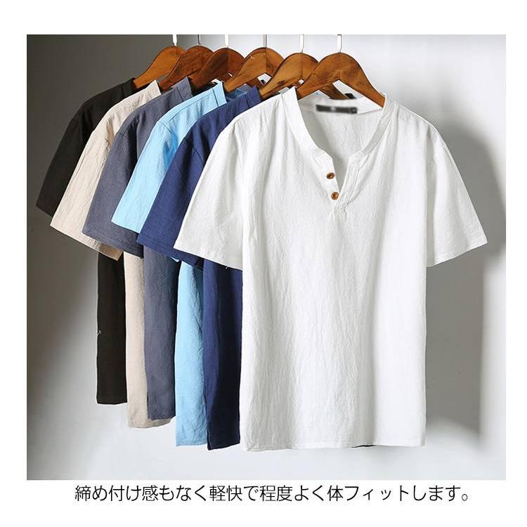 麻 Tシャツ ヘンリーネック 麻シャツ メンズ リネンTシャツ ボタン t