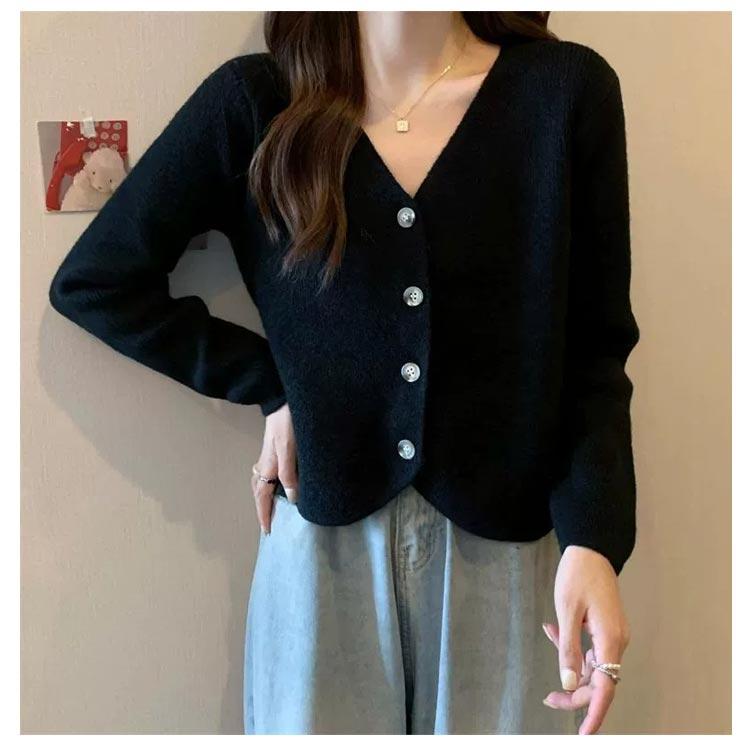 カーディガン 女性 Vネック 小柄 ショート丈 ニットカーディガン 長袖