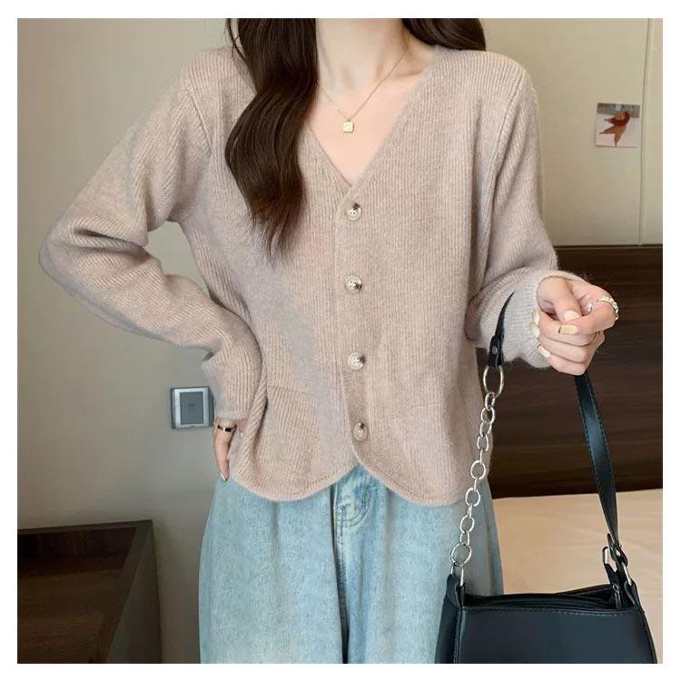 カーディガン 女性 Vネック 小柄 ショート丈 ニットカーディガン 長袖