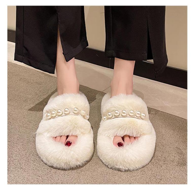 もこもこ サンダル パール付き レディース ファー ボア スリッパ