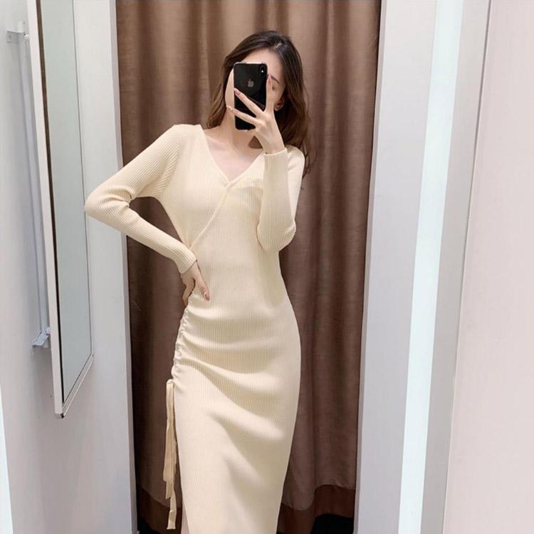送料無料】タイトワンピース ニット ワンピース サイドスリット ロング