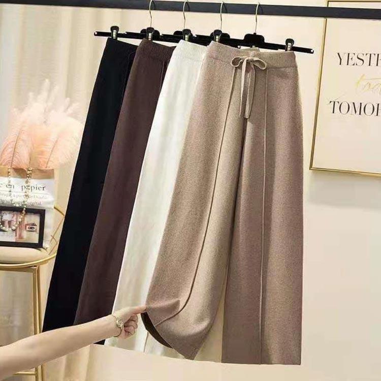 送料無料】ニットパンツ ロングパンツ リブ レディース ワイドパンツ