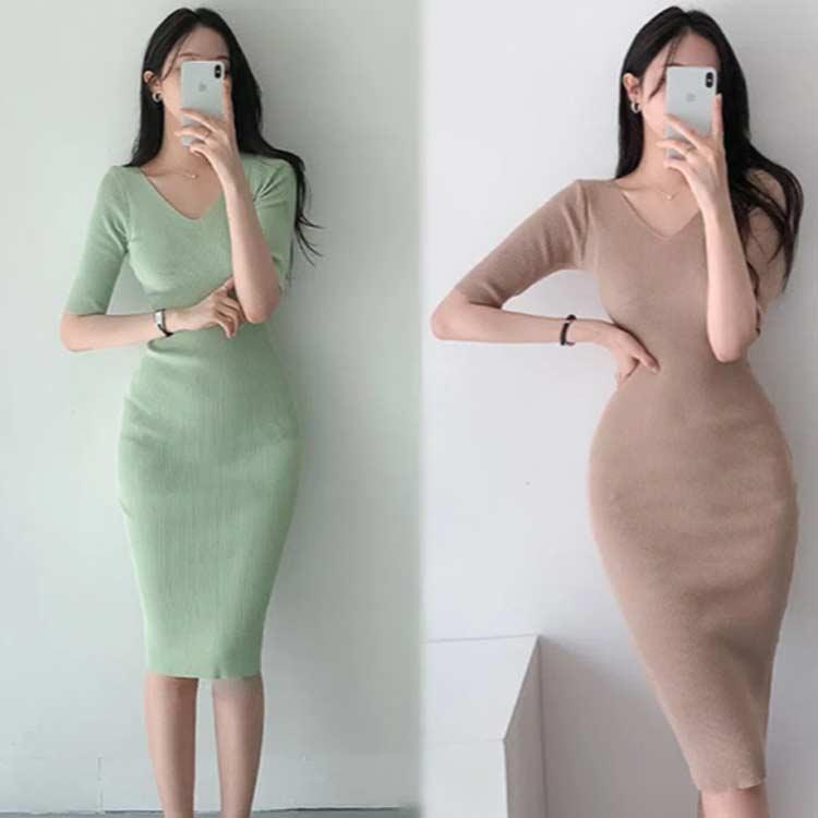 サマーニット ワンピース 五分袖 薄手 ニット ニットワンピース タイト