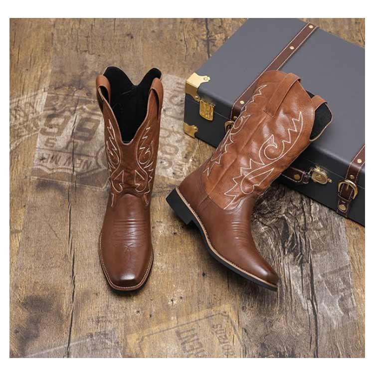 ウエスタンブーツ メンズ ロングブーツ ミドル ブーツ 刺繍 レザー