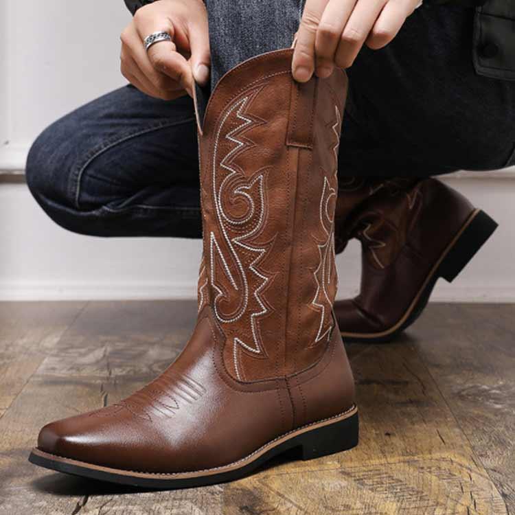 ウエスタンブーツ メンズ ロングブーツ ミドル ブーツ 刺繍 レザー
