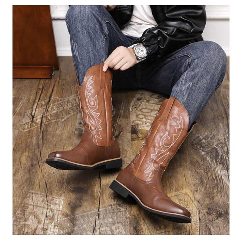 ウエスタンブーツ メンズ ロングブーツ ミドル ブーツ 刺繍 レザー