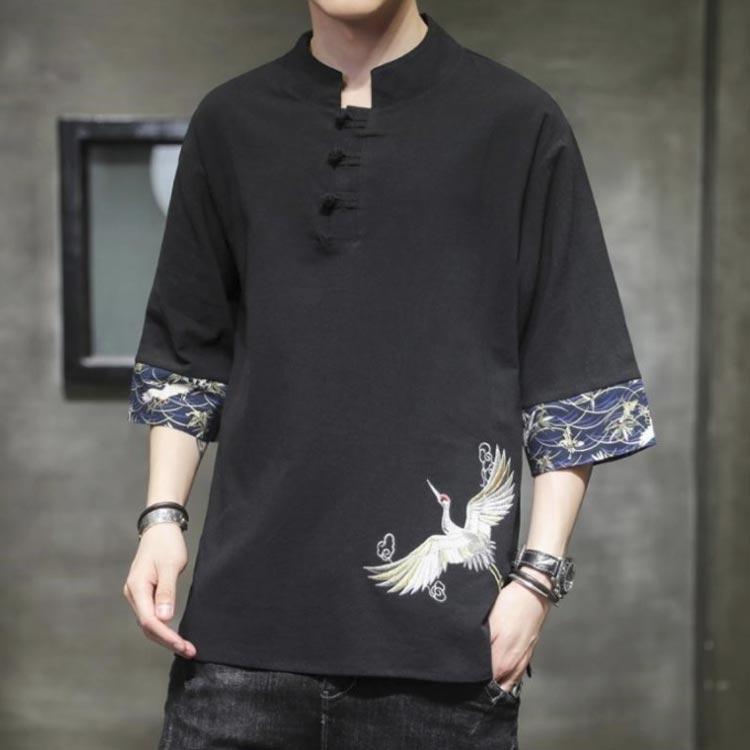 五分袖 半袖Tシャツ 和式 和柄 トップス 薄手 ゆったり メンズ 