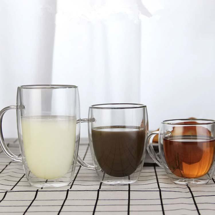 自宅 ダブルウォールグラス 耐熱ガラス 取手付き 450ml ティーカップ 2