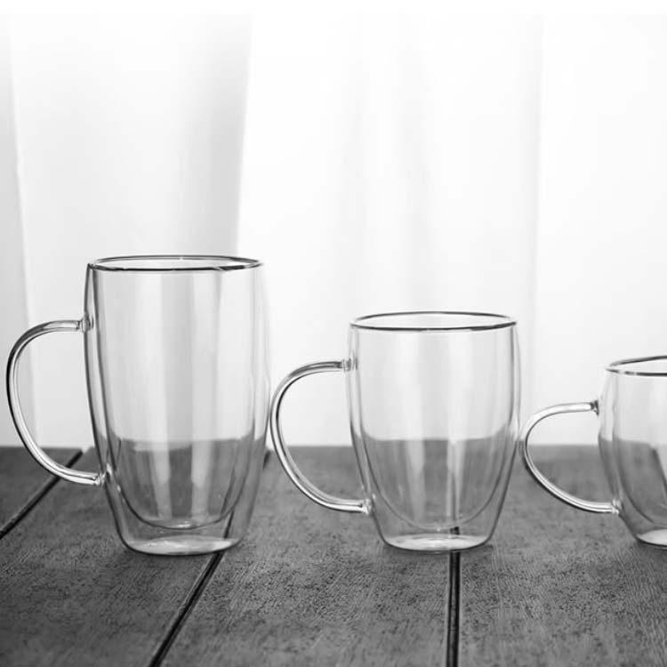 自宅 ダブルウォールグラス 耐熱ガラス 取手付き 450ml ティーカップ 2