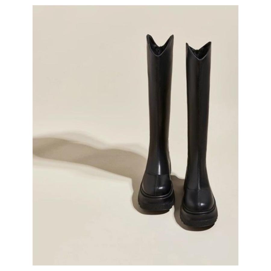 ブラックレザー ロングブーツ 36 タッセル ロングブーツ レディース 厚底 10cmヒール 身長アップ 疲れない