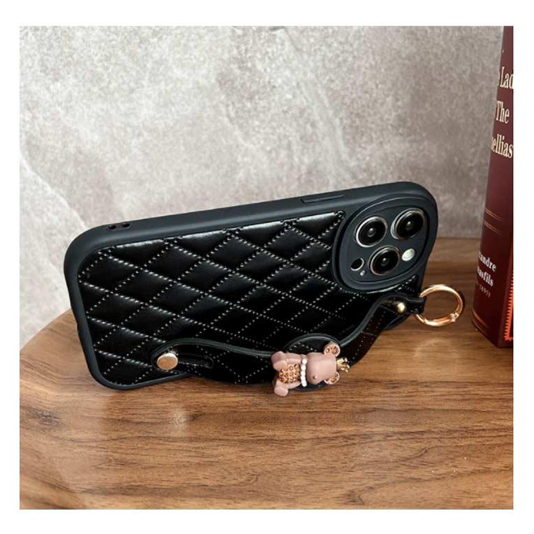 肩掛け ストラップ チェーン付きキルティング スマホケース 落下防止