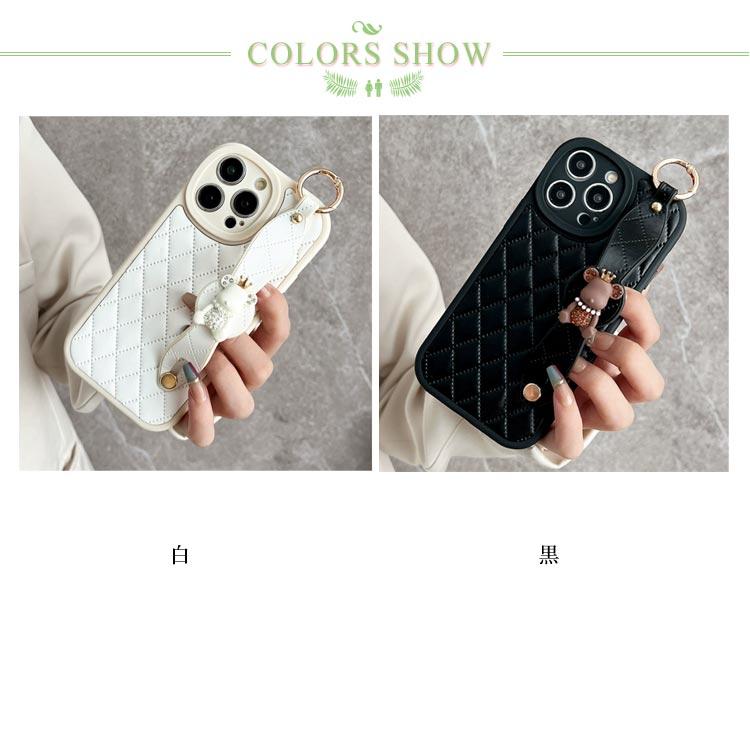 肩掛け ストラップ チェーン付きキルティング スマホケース 落下防止