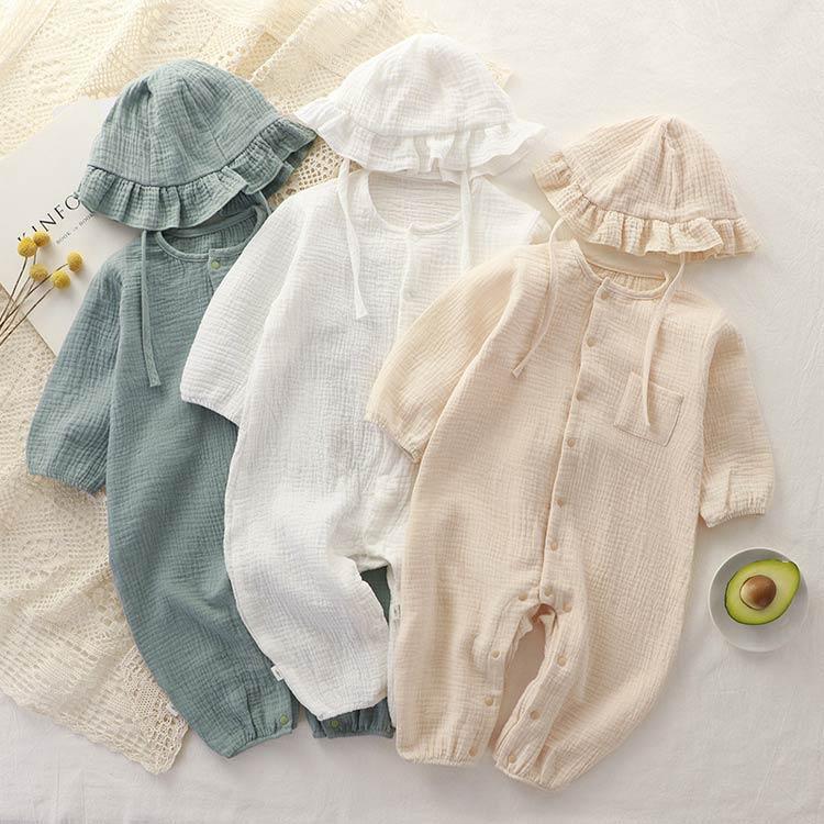 DK　babyDior ワンピース2枚＋帽子セット ロンパース 帽子付き 2点セット ベビー ダブルガーゼ 長袖 コットン 綿