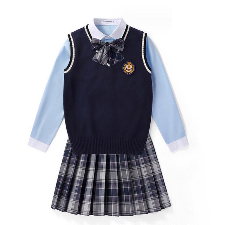 エビラン様　女子制服セット ベスト シャツ スカート リボン 女子 制服 5点セット 女子高生 学生制服 ニットベスト 長袖シャツ