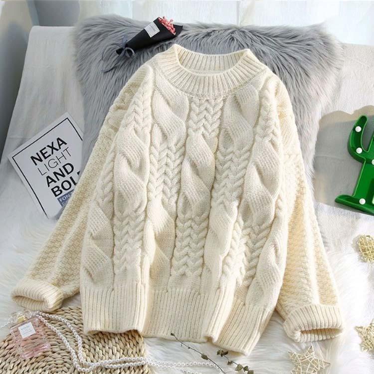 ケーブルニット セーター レディース トップス ニット 長袖 Uネック  