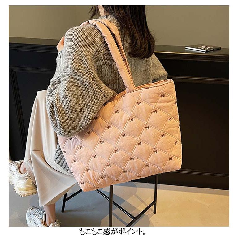 キルティング おしゃれ リボン刺繍 かわいい ナイロン トートバッグ