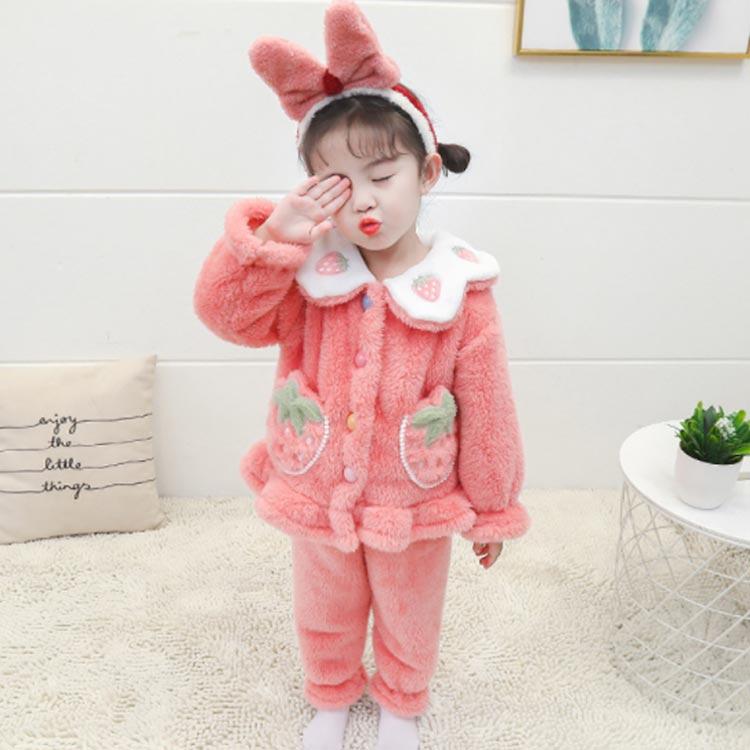 パジャマ キッズ 冬 女の子 いちご柄 前開き ルームウェア 可愛い