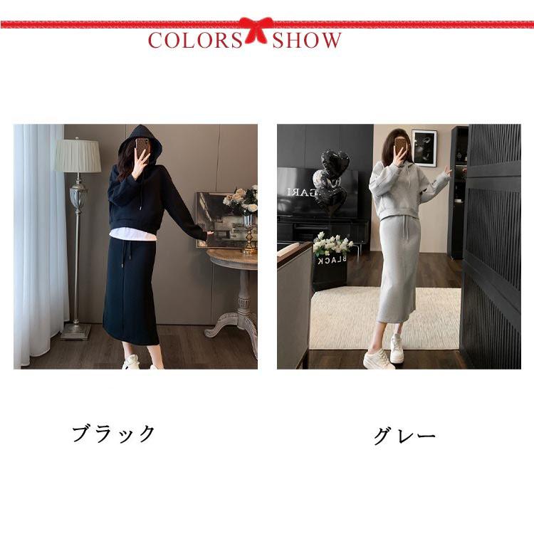 レディース フード付パーカー&スカート 上下セットアップ 伸縮性 ブラック S レディース フード付パーカー&スカート 上下セットアップ 伸縮性