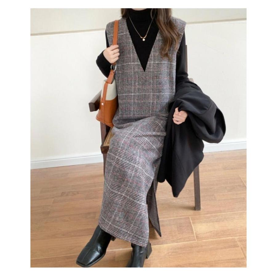 ワンピース 冬 レディース Iライン 春 チェック柄 秋 レイヤード風
